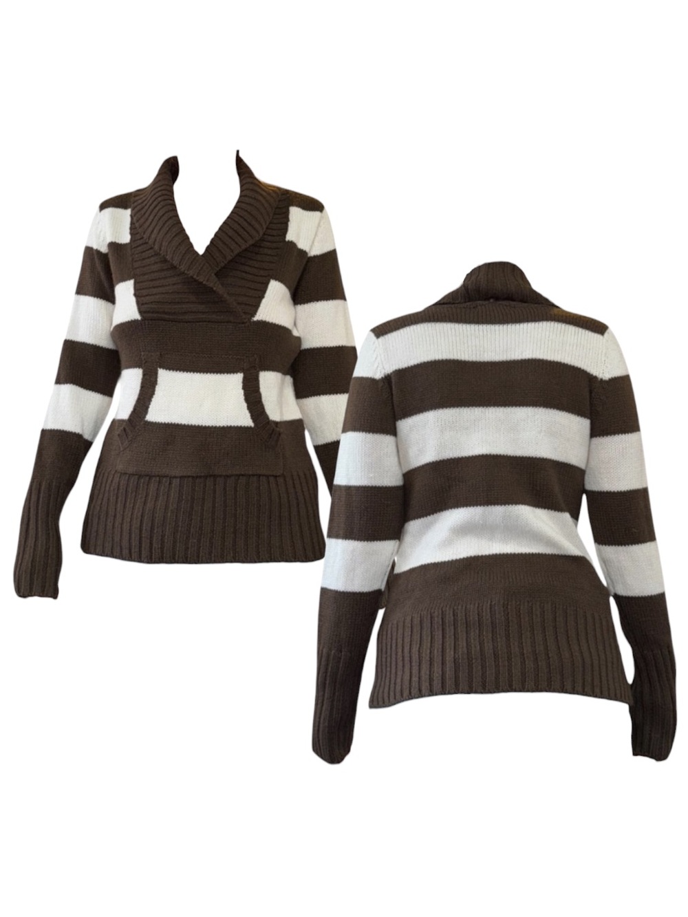 Arizona Jean Company Brown & White Striped Shawl Collar Sweater